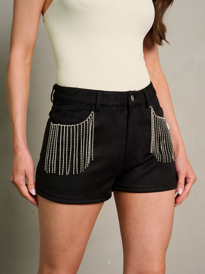 WOMEN'S BUTTON CLOSURE POCKETS FRINGE STUDS SHORTS
