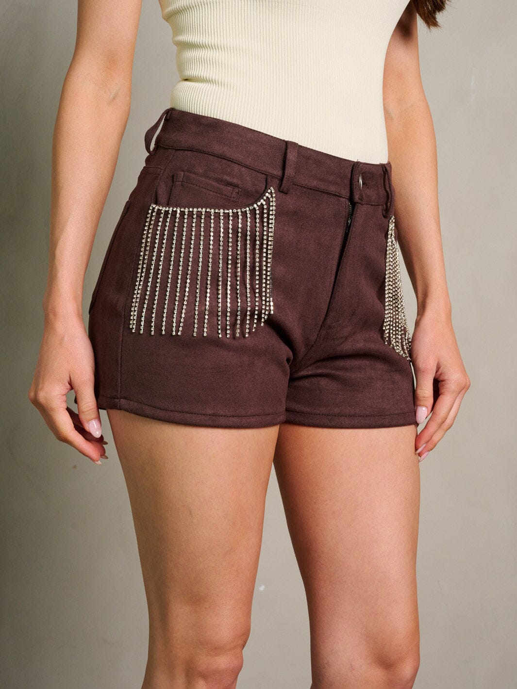 WOMEN'S BUTTON CLOSURE POCKETS FRINGE STUDS SHORTS