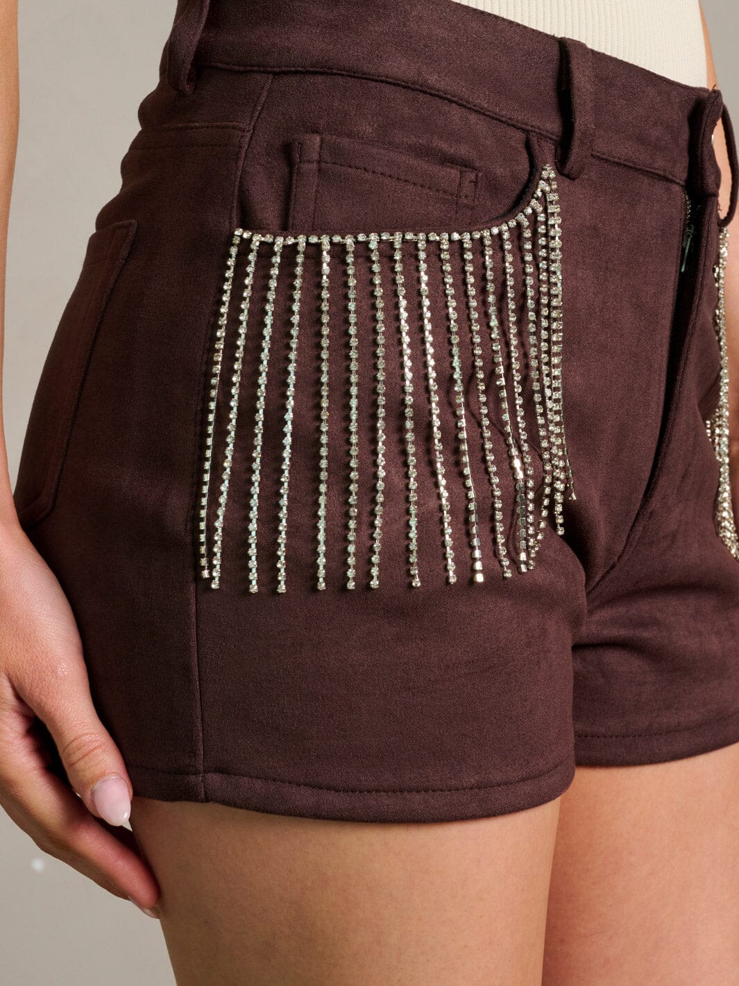 WOMEN'S BUTTON CLOSURE POCKETS FRINGE STUDS SHORTS