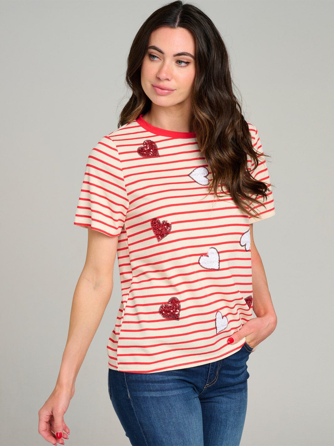 WOMEN'S SHORT SLEEVE COLORBLOCK STRIPES HEARTS PRINT TOP