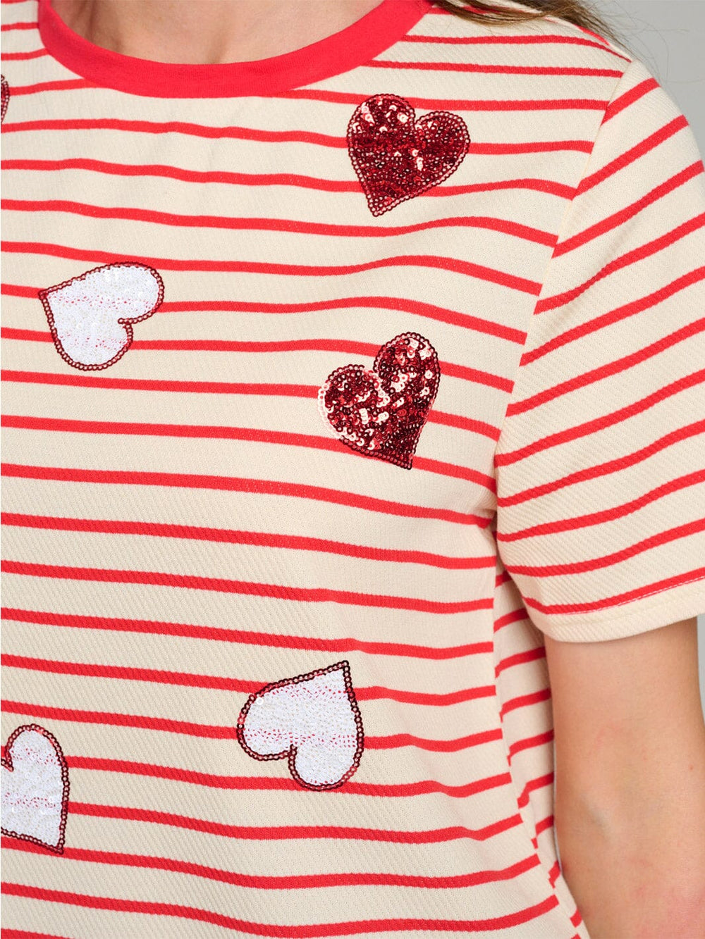 WOMEN'S SHORT SLEEVE COLORBLOCK STRIPES HEARTS PRINT TOP