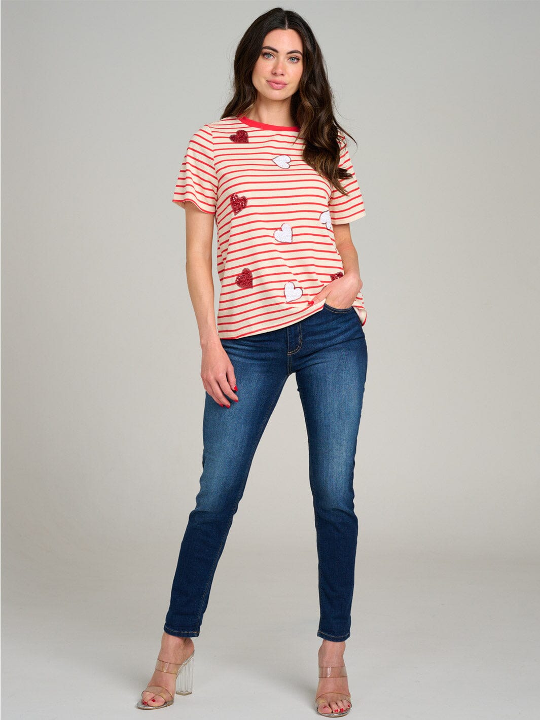 WOMEN'S SHORT SLEEVE COLORBLOCK STRIPES HEARTS PRINT TOP