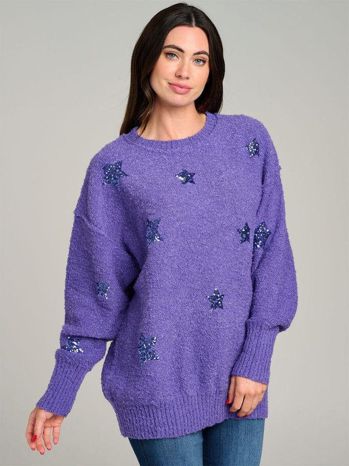 WOMEN'S LONG SLEEVE STARS GRAPHIC FUZZY PULLOVER SWEATER