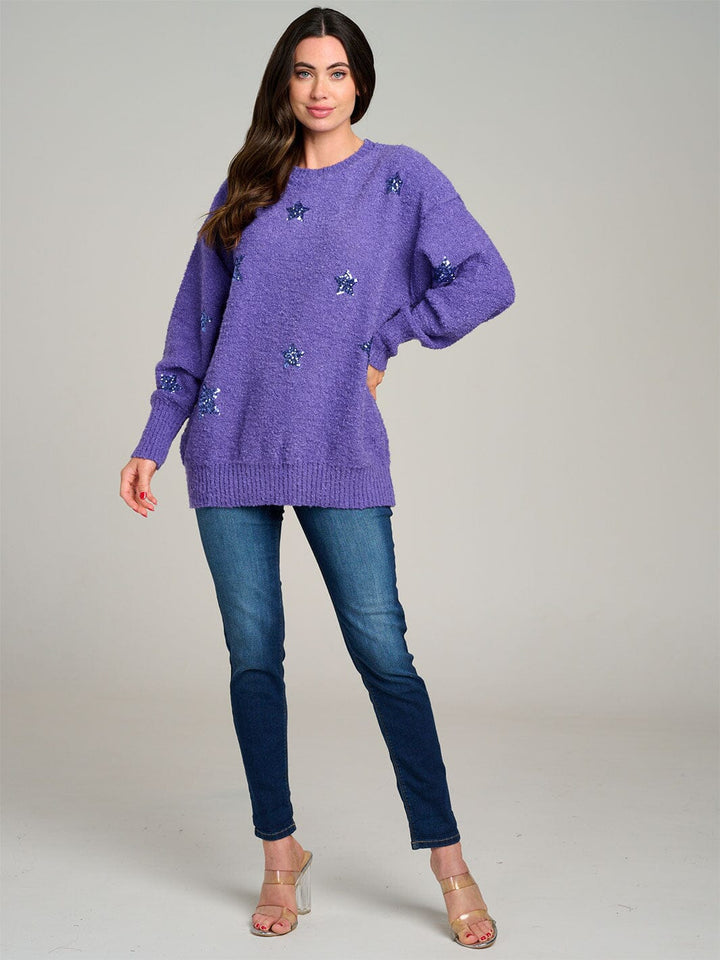 WOMEN'S LONG SLEEVE STARS GRAPHIC FUZZY PULLOVER SWEATER