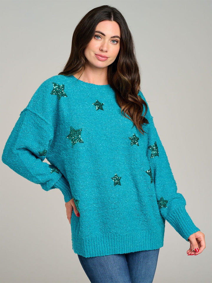 WOMEN'S LONG SLEEVE STARS GRAPHIC FUZZY PULLOVER SWEATER