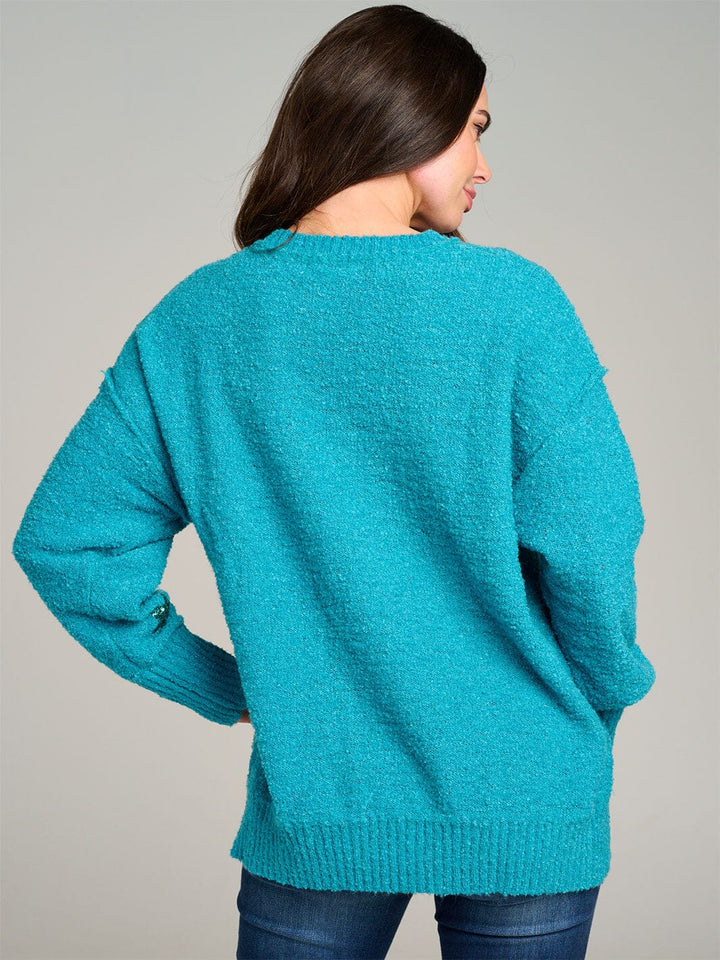 WOMEN'S LONG SLEEVE STARS GRAPHIC FUZZY PULLOVER SWEATER