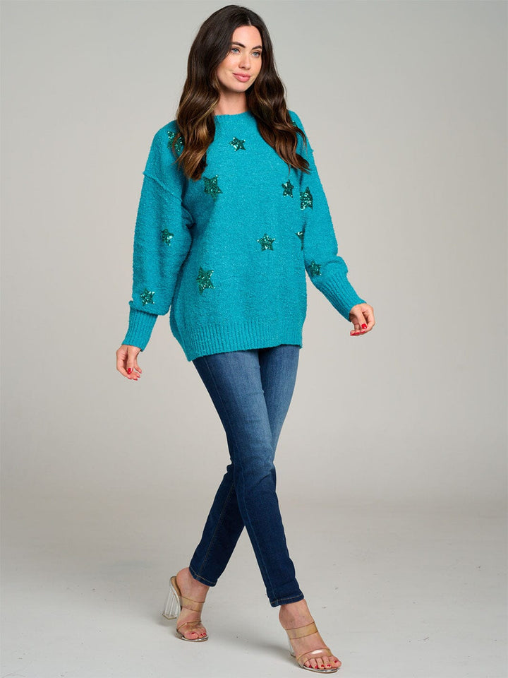 WOMEN'S LONG SLEEVE STARS GRAPHIC FUZZY PULLOVER SWEATER