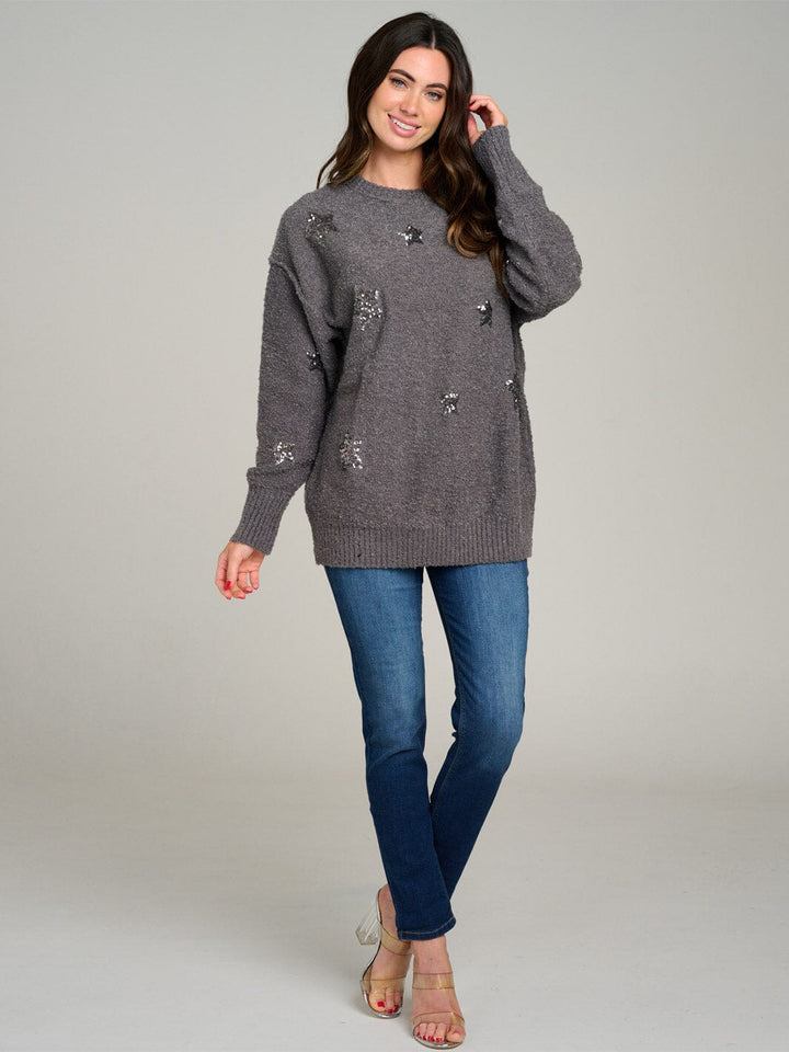 WOMEN'S LONG SLEEVE STARS GRAPHIC FUZZY PULLOVER SWEATER