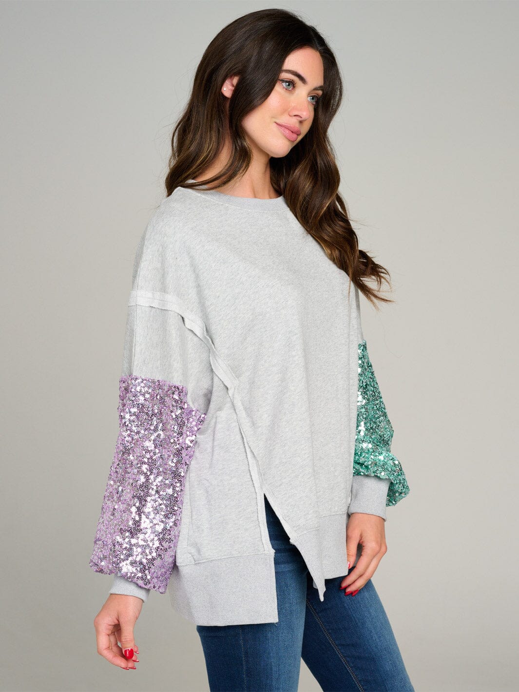 WOMEN'S LONG SLEEVE SIDE SLIT COLORBLOCK SEQUINS PULLOVER SWEATER