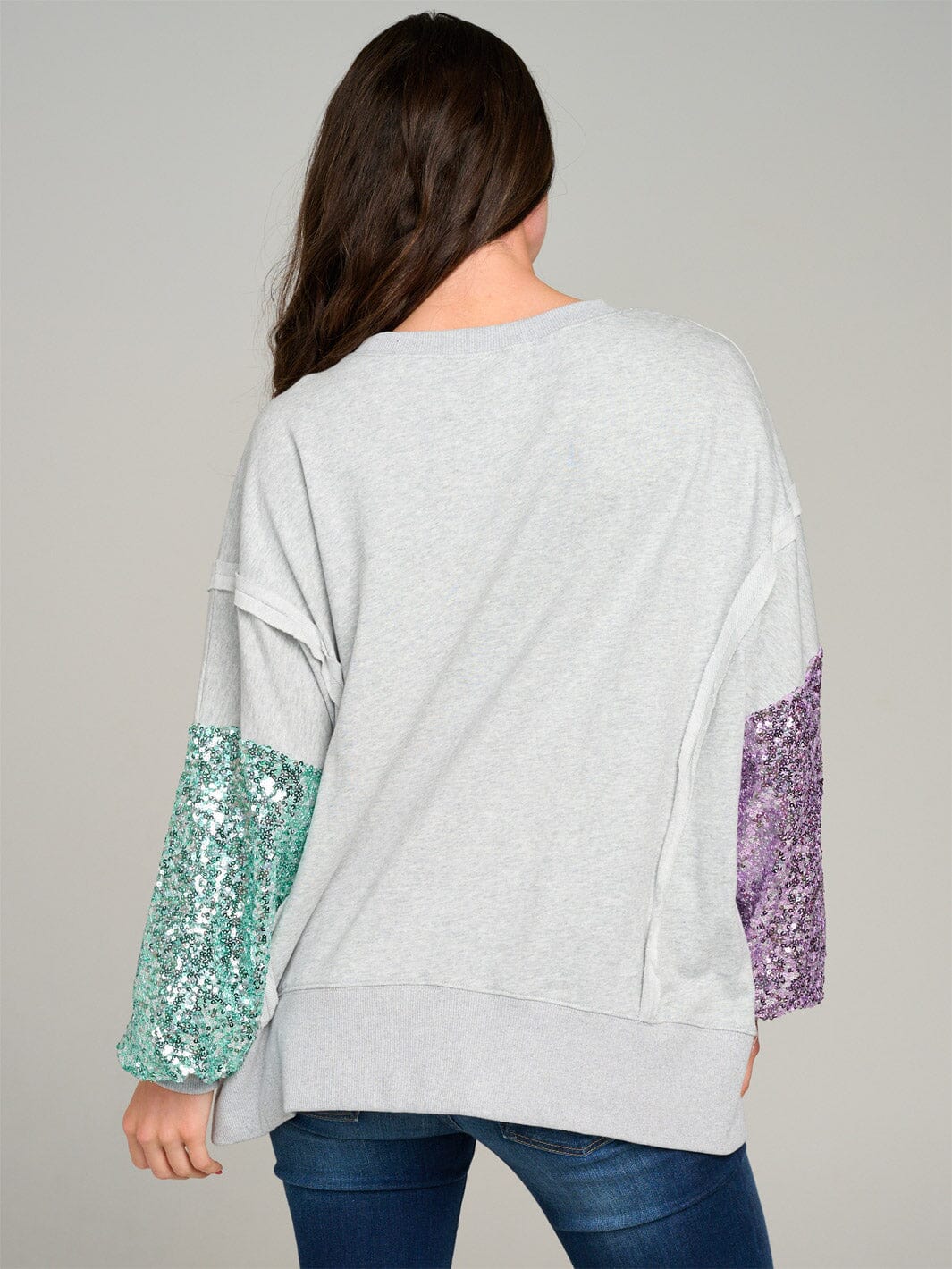 WOMEN'S LONG SLEEVE SIDE SLIT COLORBLOCK SEQUINS PULLOVER SWEATER