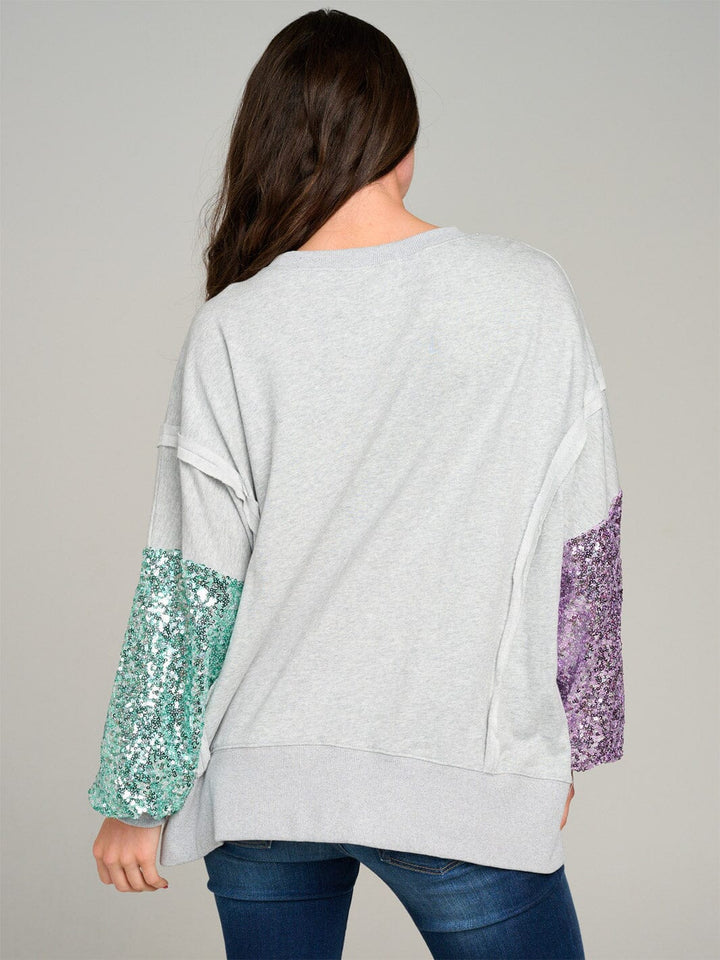 WOMEN'S LONG SLEEVE SIDE SLIT COLORBLOCK SEQUINS PULLOVER SWEATER