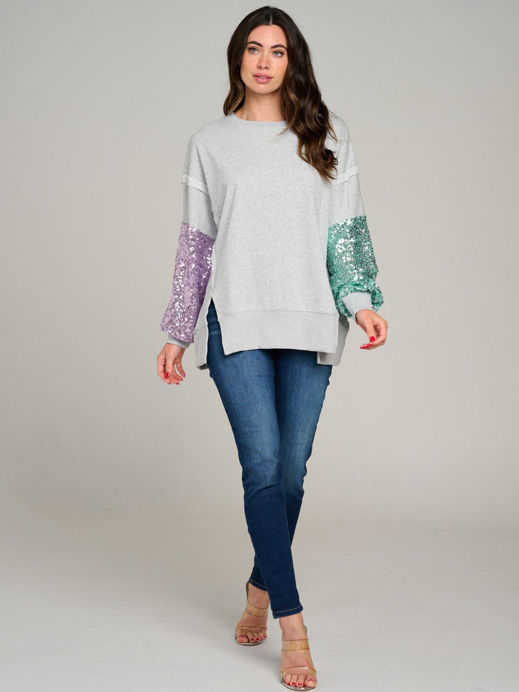 WOMEN'S LONG SLEEVE SIDE SLIT COLORBLOCK SEQUINS PULLOVER SWEATER