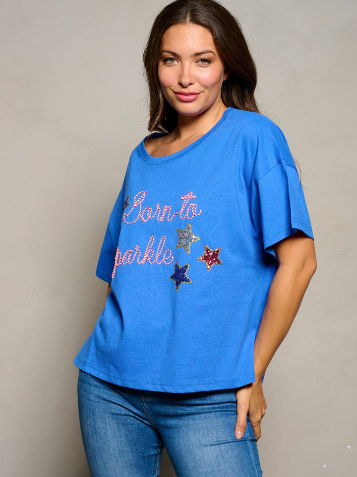 WOMEN'S SHORT SLEEVE STARS BORN TO SPARKLE PATRIOTIC TUNIC BLOUSE TOP