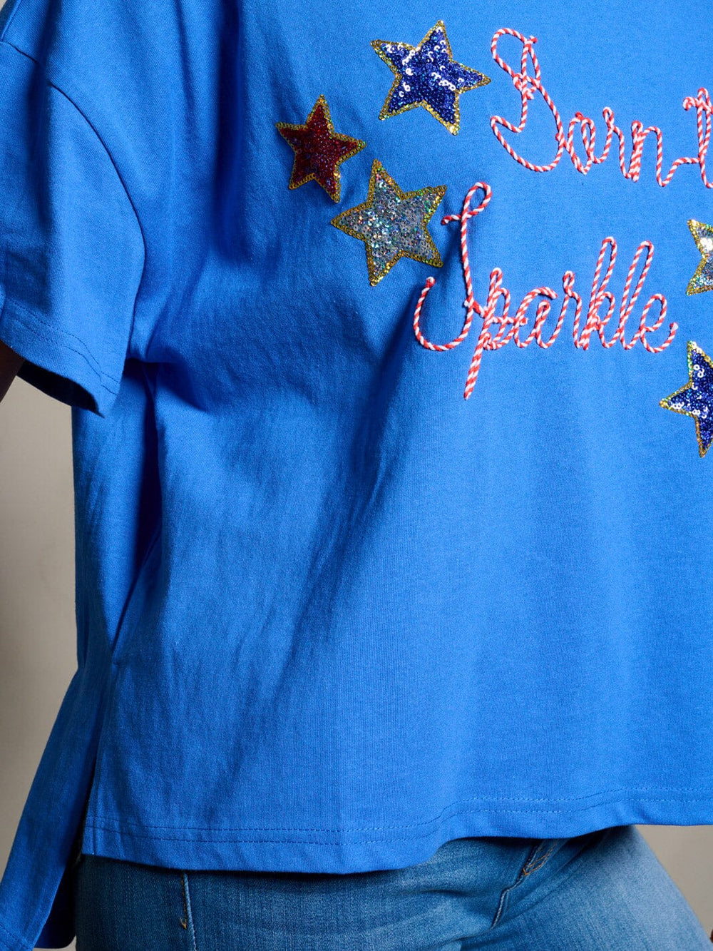 WOMEN'S SHORT SLEEVE STARS BORN TO SPARKLE PATRIOTIC TUNIC BLOUSE TOP