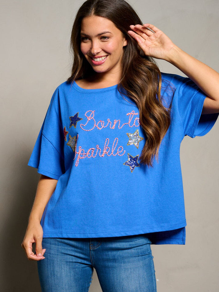 WOMEN'S SHORT SLEEVE STARS BORN TO SPARKLE PATRIOTIC TUNIC BLOUSE TOP