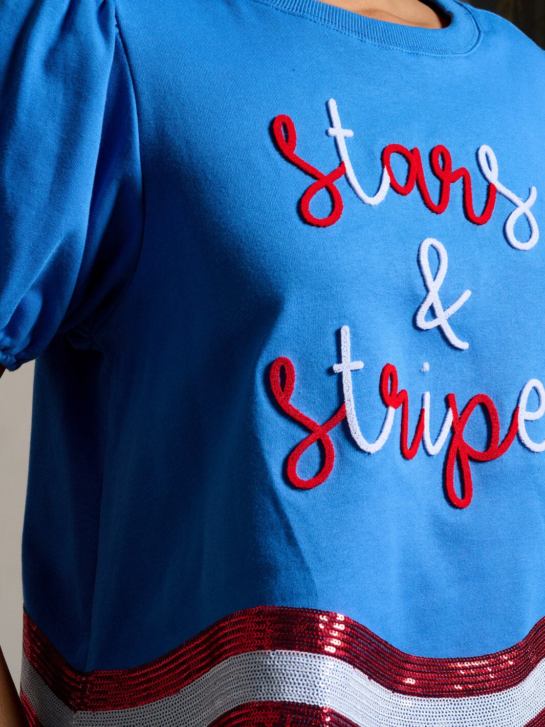 WOMEN'S SHORT SLEEVE SEQUINS STARS & STRIPES PATRIOTIC TUNIC BLOUSE TOP