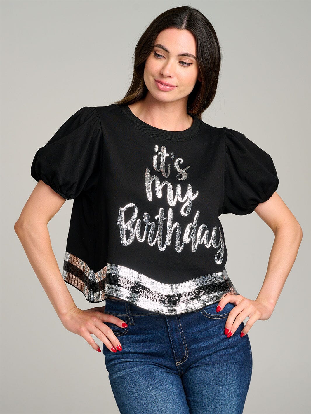 WOMEN'S SHORT PUFF SLEEVE SEQUINS GRAPHIC TOP