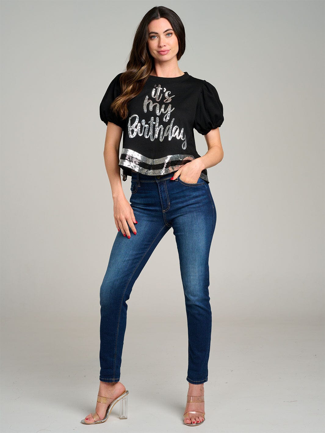 WOMEN'S SHORT PUFF SLEEVE SEQUINS GRAPHIC TOP