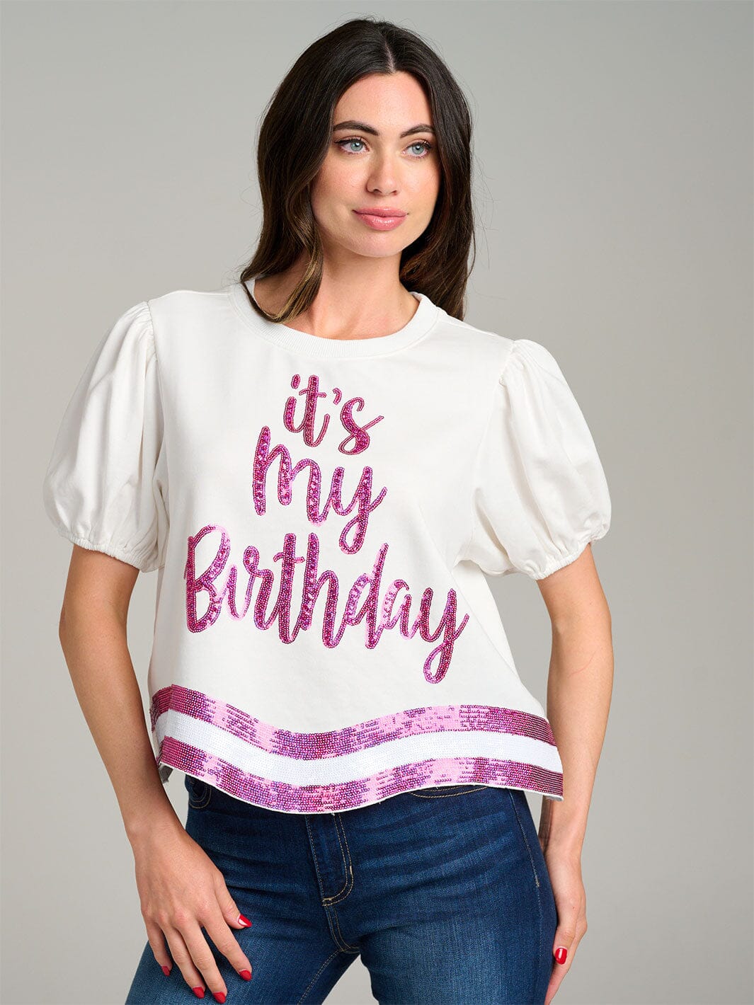 WOMEN'S SHORT PUFF SLEEVE SEQUINS GRAPHIC TOP