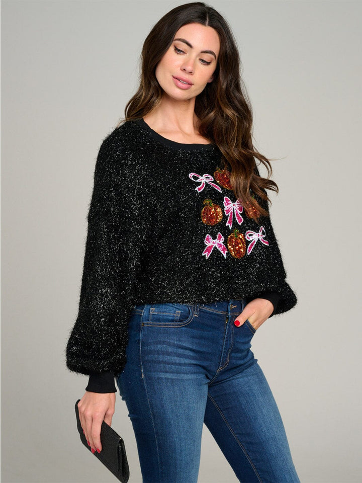 WOMEN'S LONG SLEEVE FUZZY SHIMMER GRAPHIC SEQUINS PULLOVER SWEATER