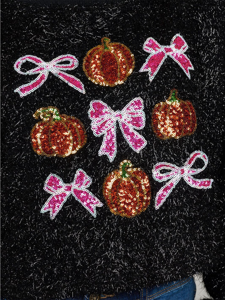 WOMEN'S LONG SLEEVE FUZZY SHIMMER GRAPHIC SEQUINS PULLOVER SWEATER