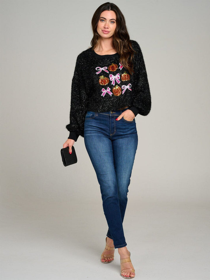 WOMEN'S LONG SLEEVE FUZZY SHIMMER GRAPHIC SEQUINS PULLOVER SWEATER