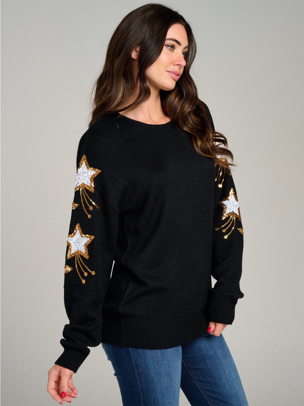 WOMEN'S LONG SLEEVE STARS GRAPHIC KNIT PULLOVER SWEATER