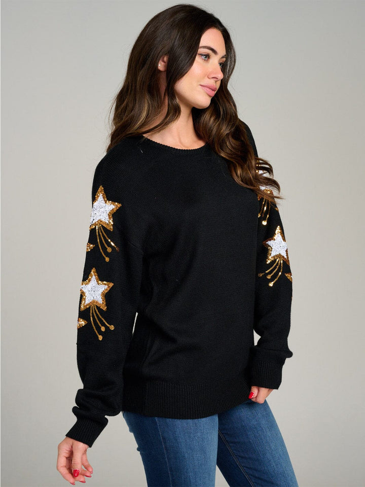 WOMEN'S LONG SLEEVE STARS GRAPHIC KNIT PULLOVER SWEATER