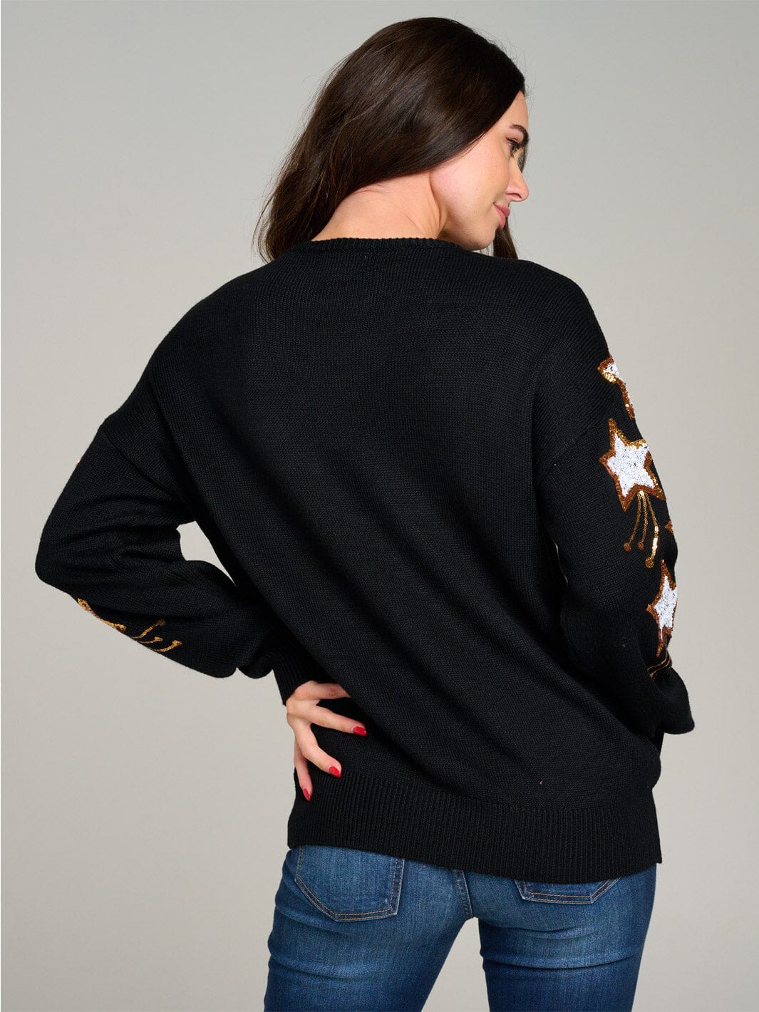 WOMEN'S LONG SLEEVE STARS GRAPHIC KNIT PULLOVER SWEATER
