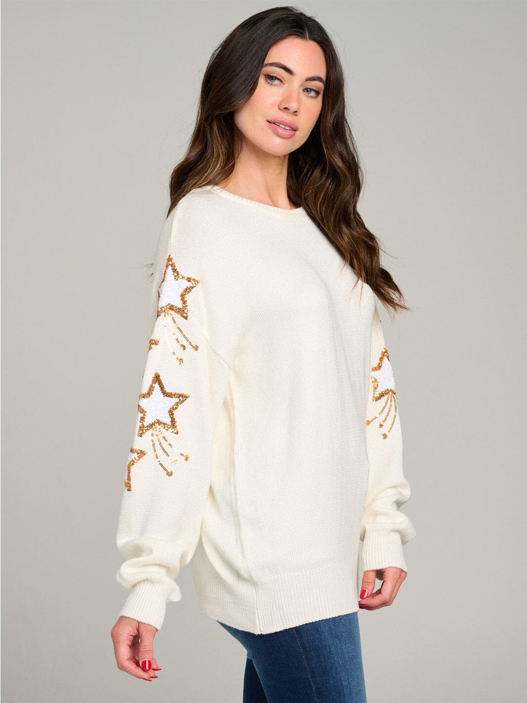 WOMEN'S LONG SLEEVE STARS GRAPHIC KNIT PULLOVER SWEATER