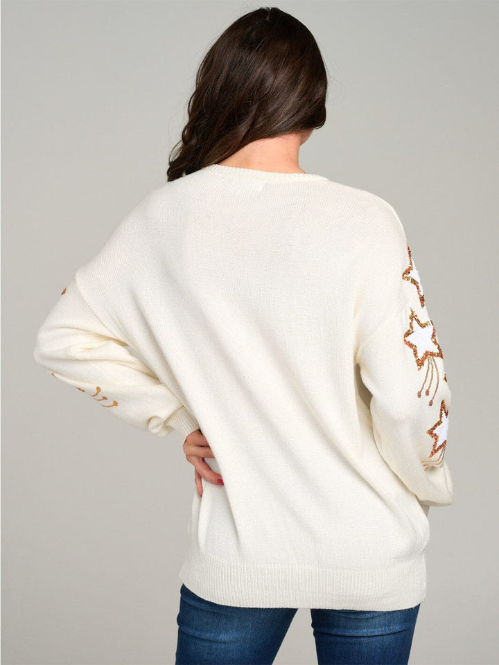 WOMEN'S LONG SLEEVE STARS GRAPHIC KNIT PULLOVER SWEATER