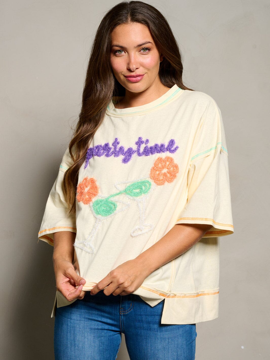 WOMEN'S SHORT SLEEVE PARTY TIME GRAPGIC TUNIC BLOUSE TOP