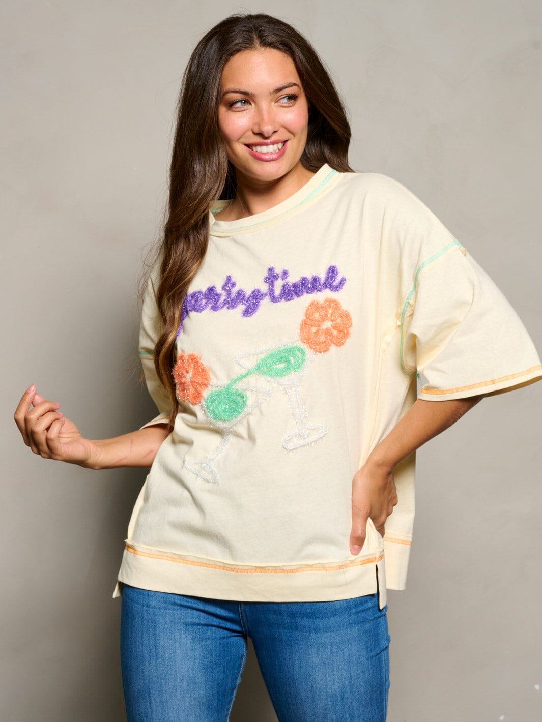 WOMEN'S SHORT SLEEVE PARTY TIME GRAPGIC TUNIC BLOUSE TOP