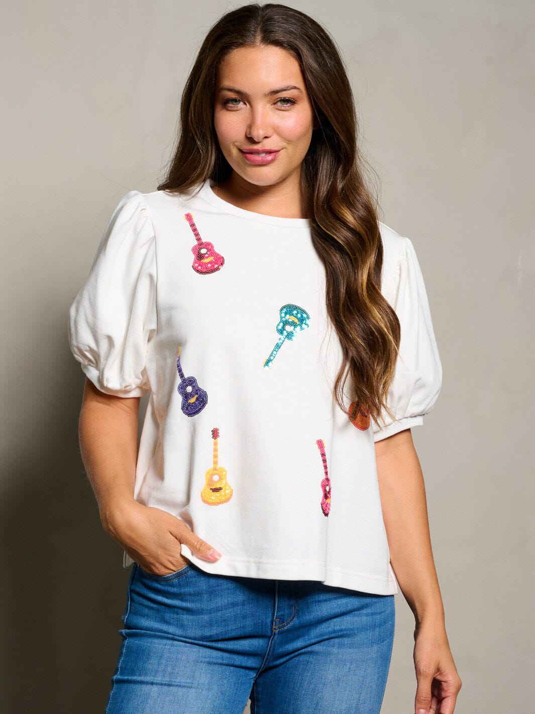 WOMEN'S SHORT PUFF SLEEVE SEQUINS GUITARS PRINT TOP