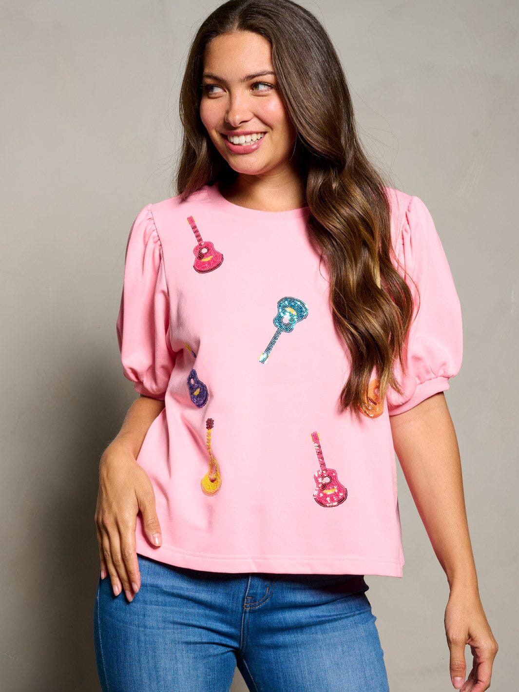 WOMEN'S SHORT PUFF SLEEVE SEQUINS GUITARS PRINT TOP