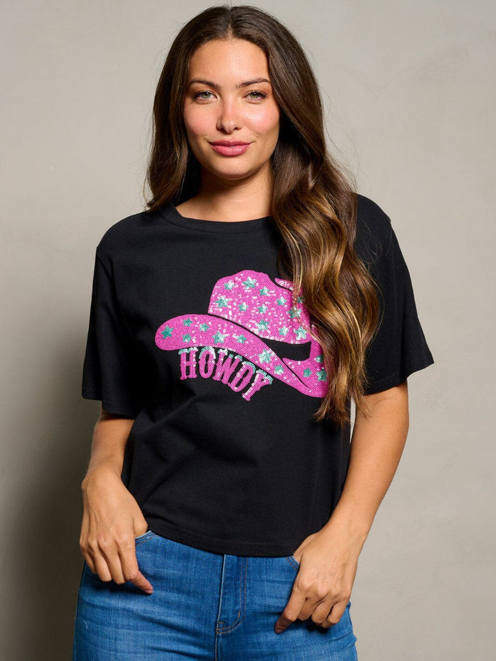 WOMEN'S SHORT SLEEVE SEQUINS HOWDY GRAPHIC TOP