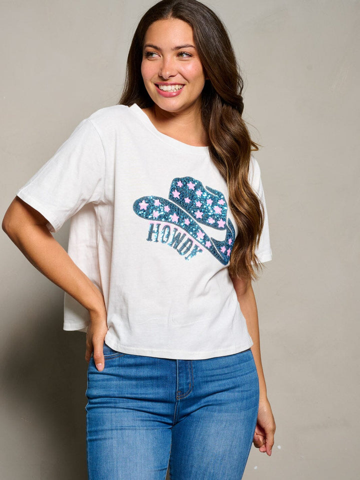 WOMEN'S SHORT SLEEVE SEQUINS HOWDY GRAPHIC TOP