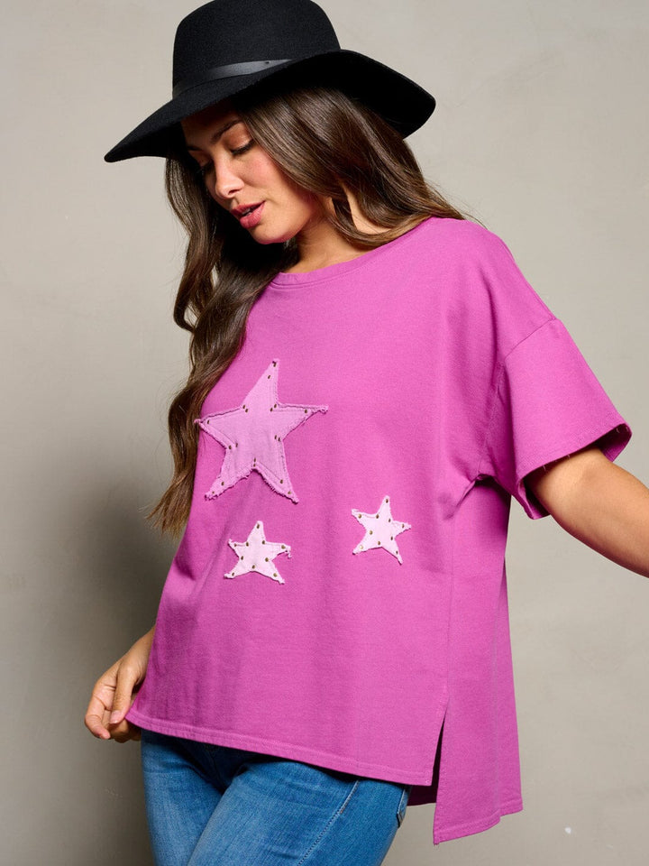 WOMEN'S SHORT SLEEVE STARS DESIGN HIGH-LOW TOP