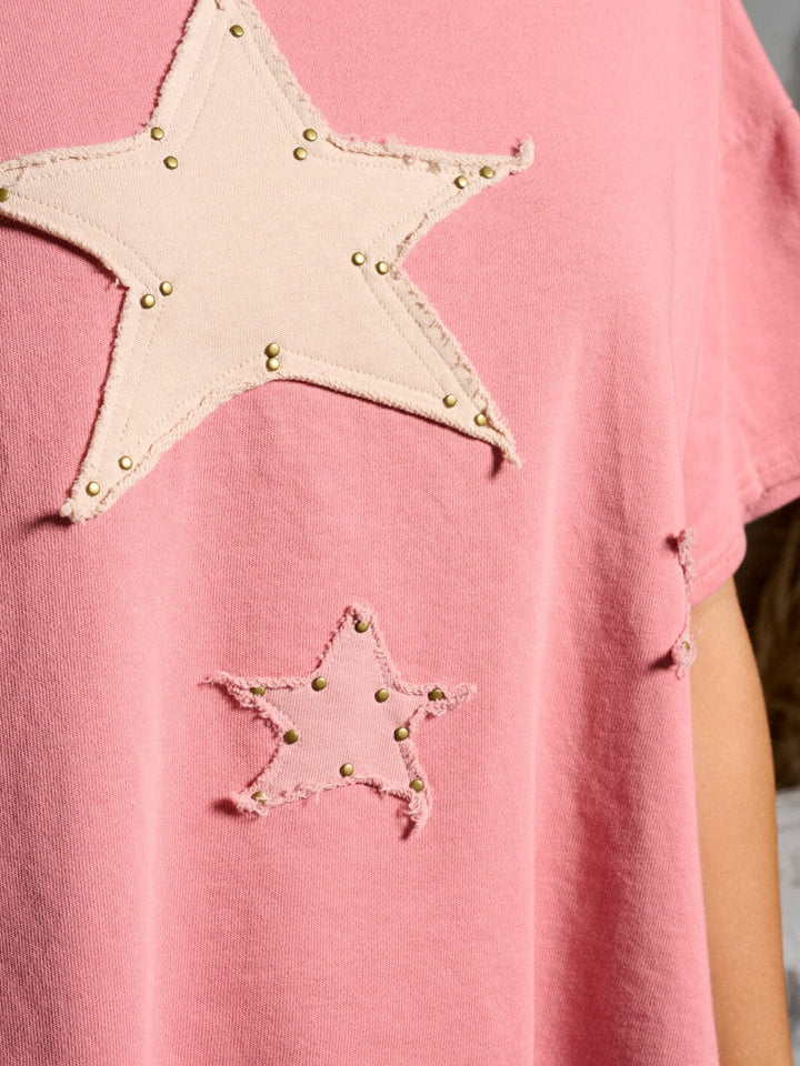 WOMEN'S SHORT SLEEVE STARS DESIGN HIGH-LOW TOP