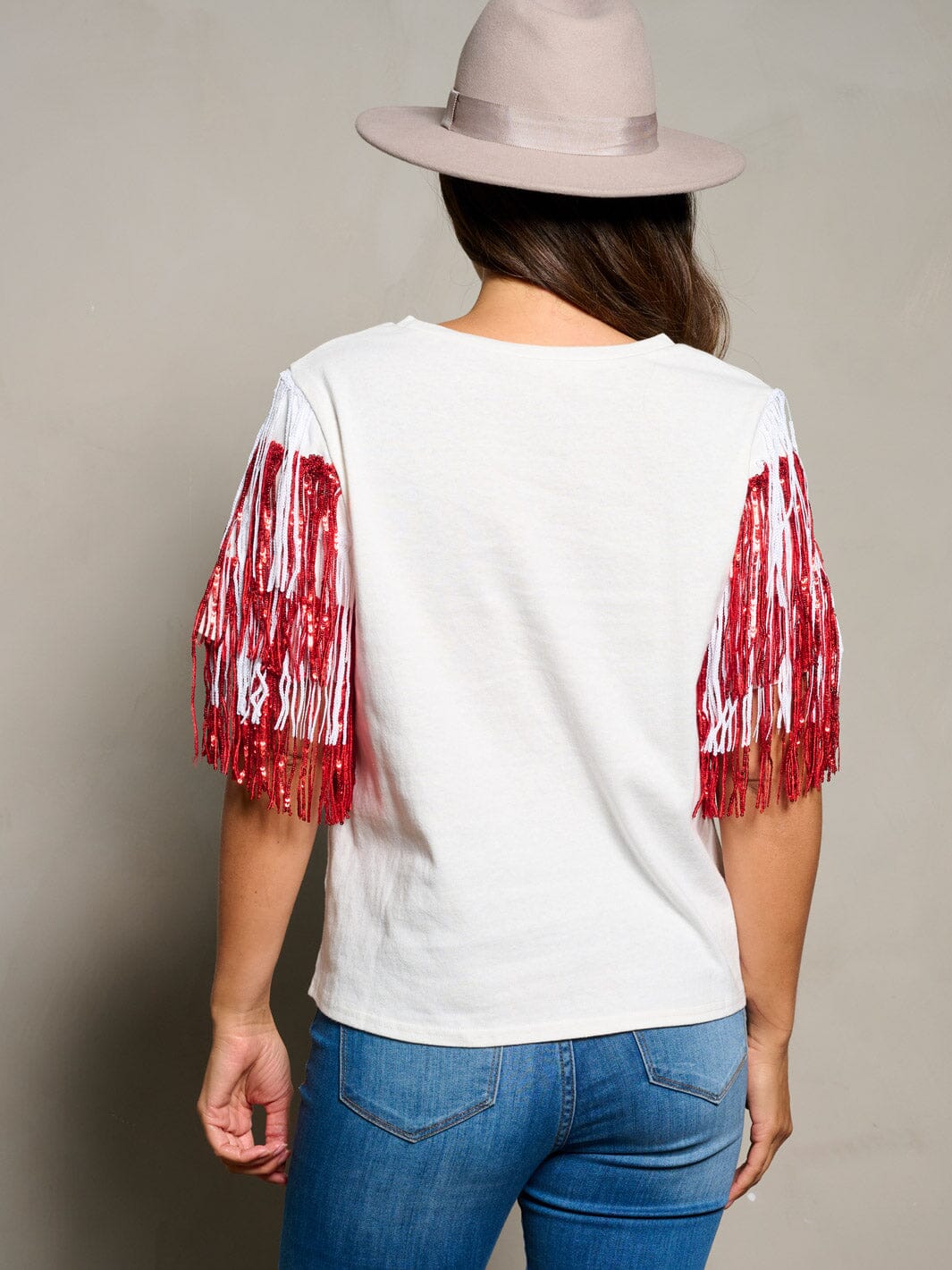 WOMEN'S SHORT SEQUINS FRINGE SLEEVE BLOUSE TOP