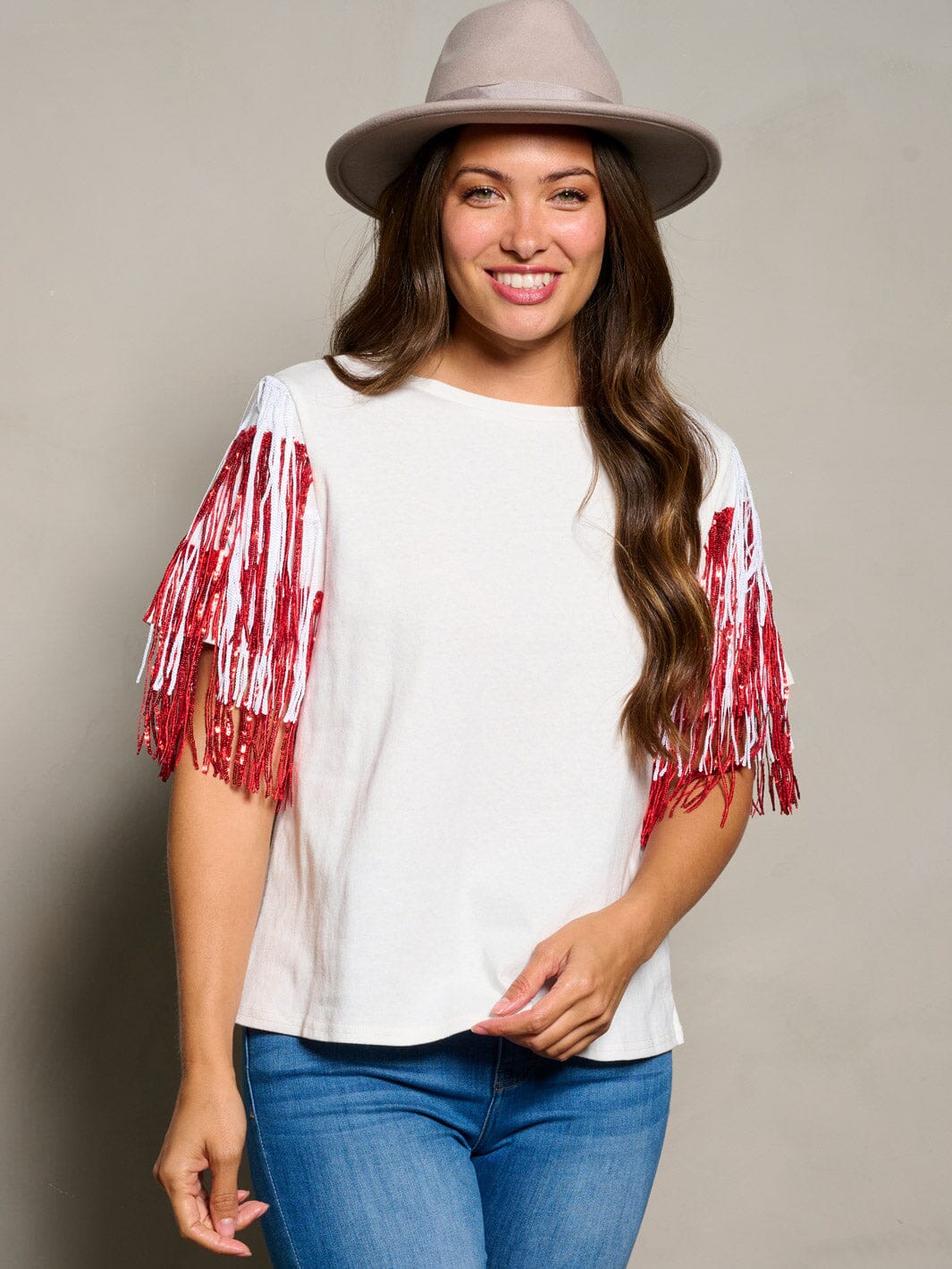 WOMEN'S SHORT SEQUINS FRINGE SLEEVE BLOUSE TOP