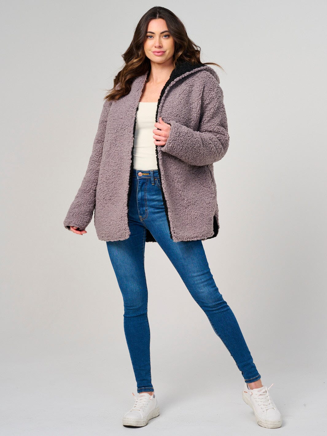 WOMEN'S LONG SLEEVE OPEN FRONT HOODED SHERPA JACKET
