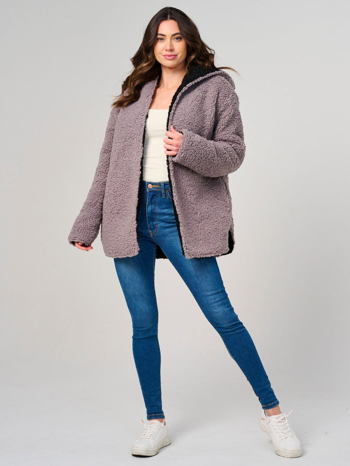 WOMEN'S LONG SLEEVE OPEN FRONT HOODED SHERPA JACKET