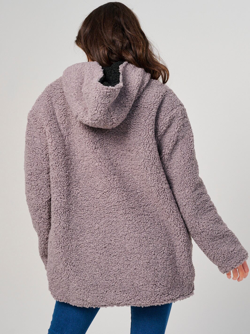 WOMEN'S LONG SLEEVE OPEN FRONT HOODED SHERPA JACKET