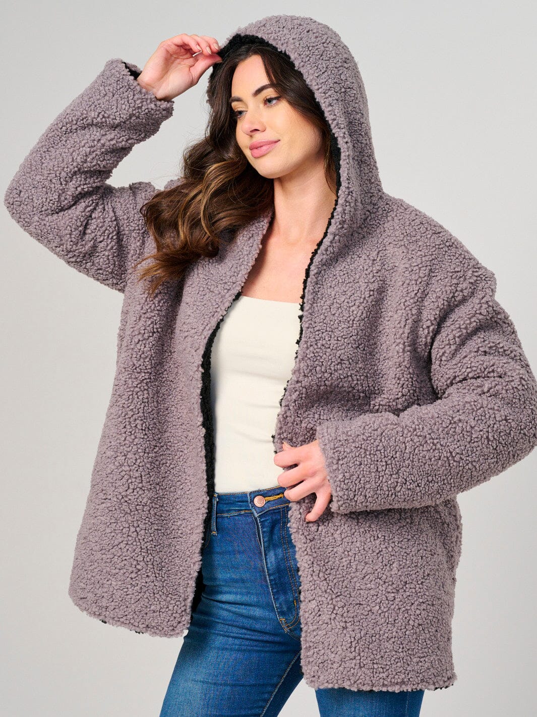 WOMEN'S LONG SLEEVE OPEN FRONT HOODED SHERPA JACKET