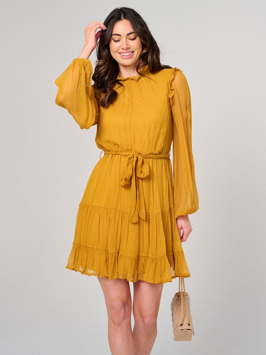 WOMEN'S LONG SLEEVE TIERED SELF TIE MINI DRESS