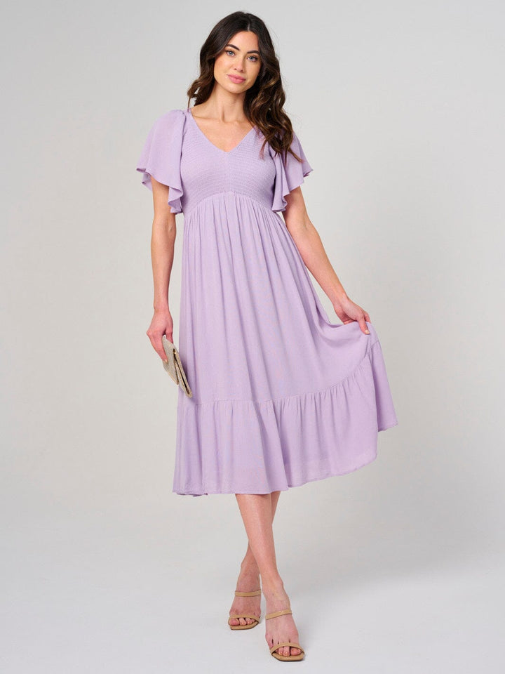 WOMEN'S SHORT SLEEVE V-NECK SMOCK TIERED MIDI DRESS