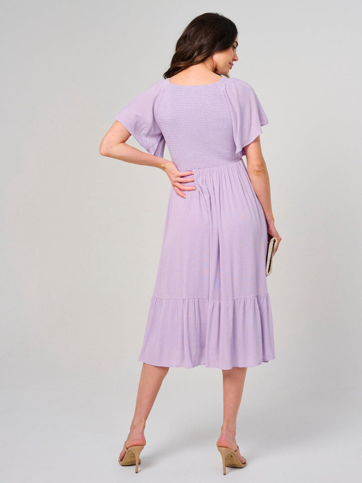 WOMEN'S SHORT SLEEVE V-NECK SMOCK TIERED MIDI DRESS