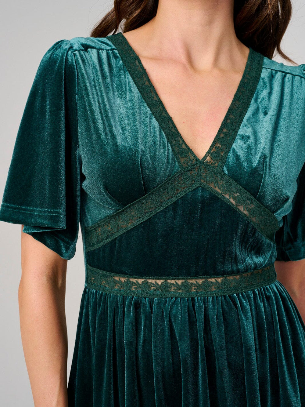 WOMEN'S SHORT SLEEVE V-NECK LACE VELVET MAXI DRESS