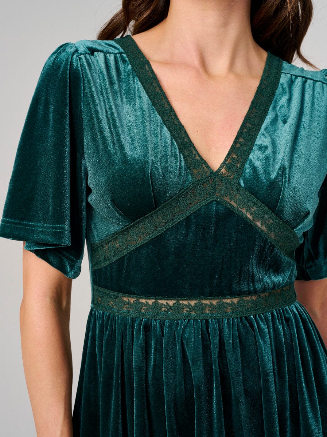 WOMEN'S SHORT SLEEVE V-NECK LACE VELVET MAXI DRESS